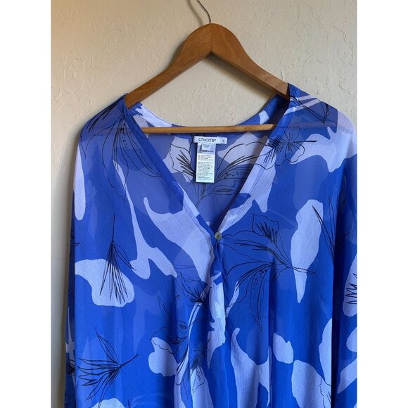 Chico's Size L/XL Blue White Floral Kimono Wrap Topper Semi Sheer Beachy Colorfu - Picture 8 of 9
